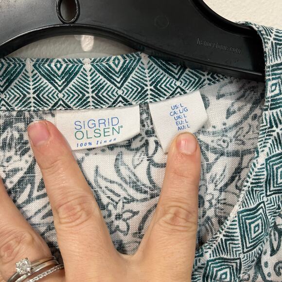 Sigrid Olsen Linen Blouse Size L Teal White Floral Boho Resort Vacation Chic - Picture 5 of 7